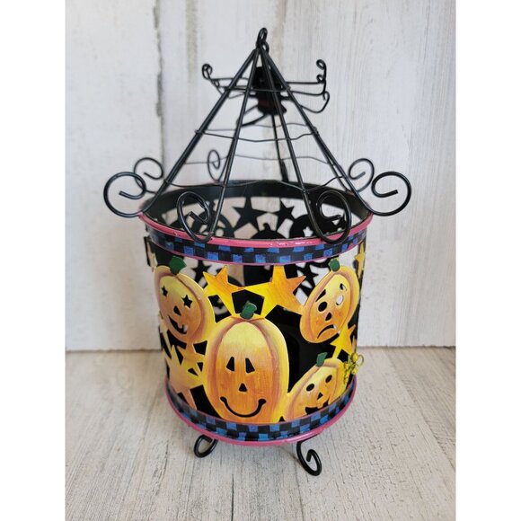 Vintage metal Halloween tea light pumpkin black cat which spider home decor cand - Picture 1 of 9